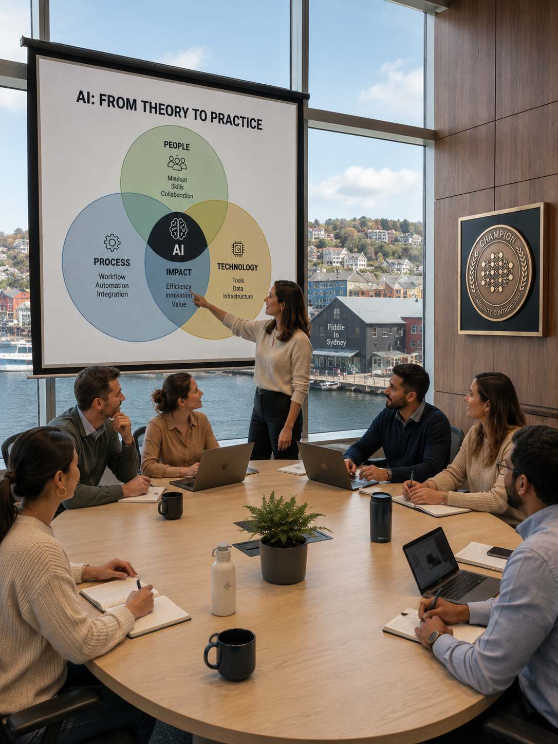 A woman giving a presentation on AI, showing a Venn diagram titled 'AI: From Theory to Practice' with overlapping circles labeled 'People,' 'Process,' and 'Technology' in a modern conference room with a view of a harbor and colorful buildings outside.