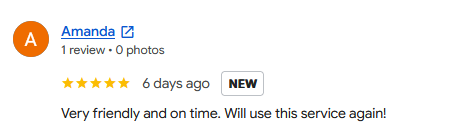 Screenshot of a customer review for Amanda, rated five stars, posted six days ago, mentioning friendly service and willingness to use the service again.