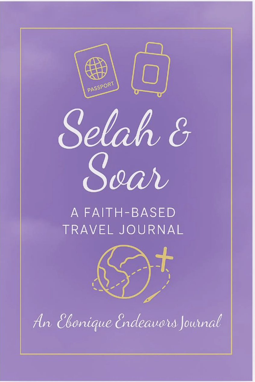 Purple travel journal cover with icons of a passport and suitcase at the top, titled "Selah & Svar: A Faith-Based Travel Journal" with an illustration of a globe, a dotted travel route, and a cross. The subtitle reads "An Ebonique Endeavors Journal."