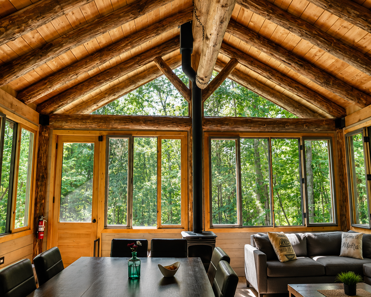 Interior view of a wooden cabin with large windows, a dining table with chairs, a gray sofa with pillows, and a wood-burning stove, surrounded by lush green trees visible through the windows.