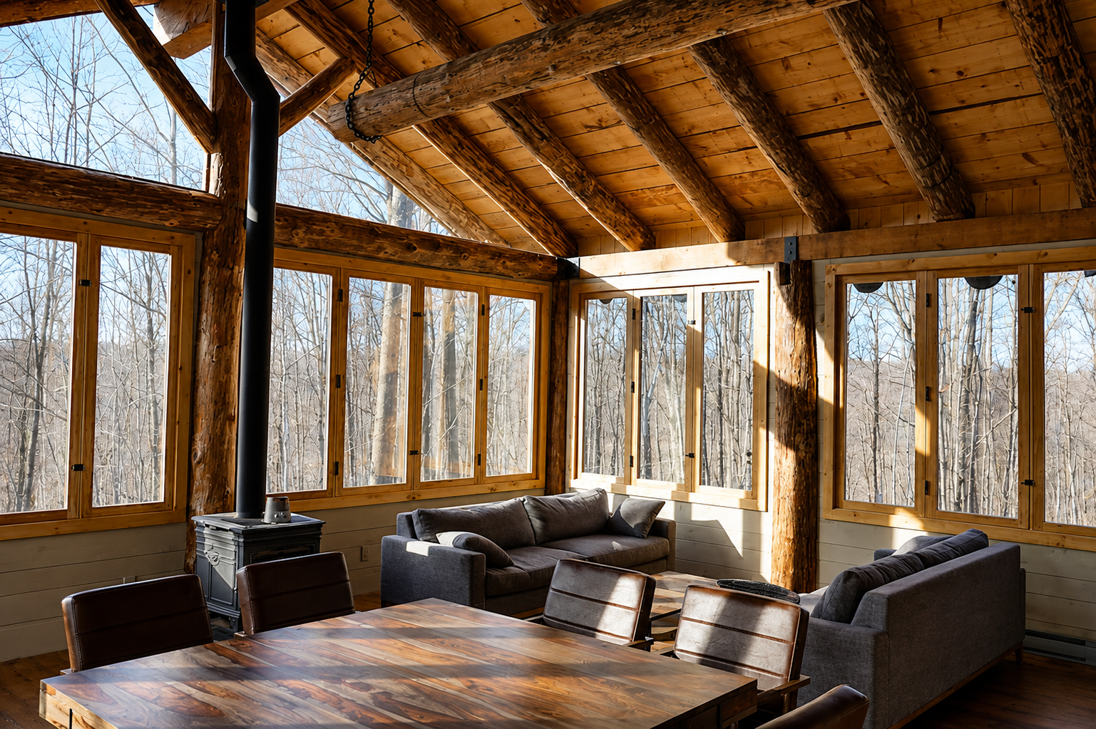 Interior of a rustic cabin with large windows showing a wooded landscape, wooden beams, a wood stove, a dining table, and couches.