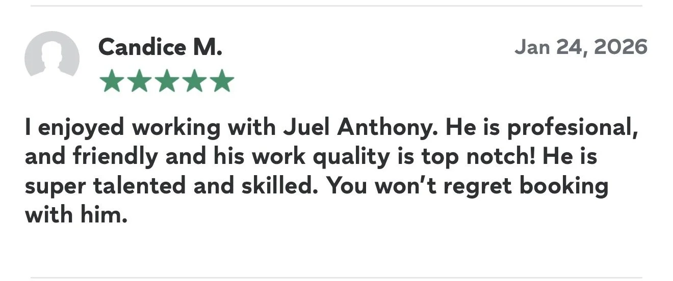 Customer review for Juel Anthony with a four-star rating, dated January 24, 2026, praising his professionalism, friendliness, and high-quality work.