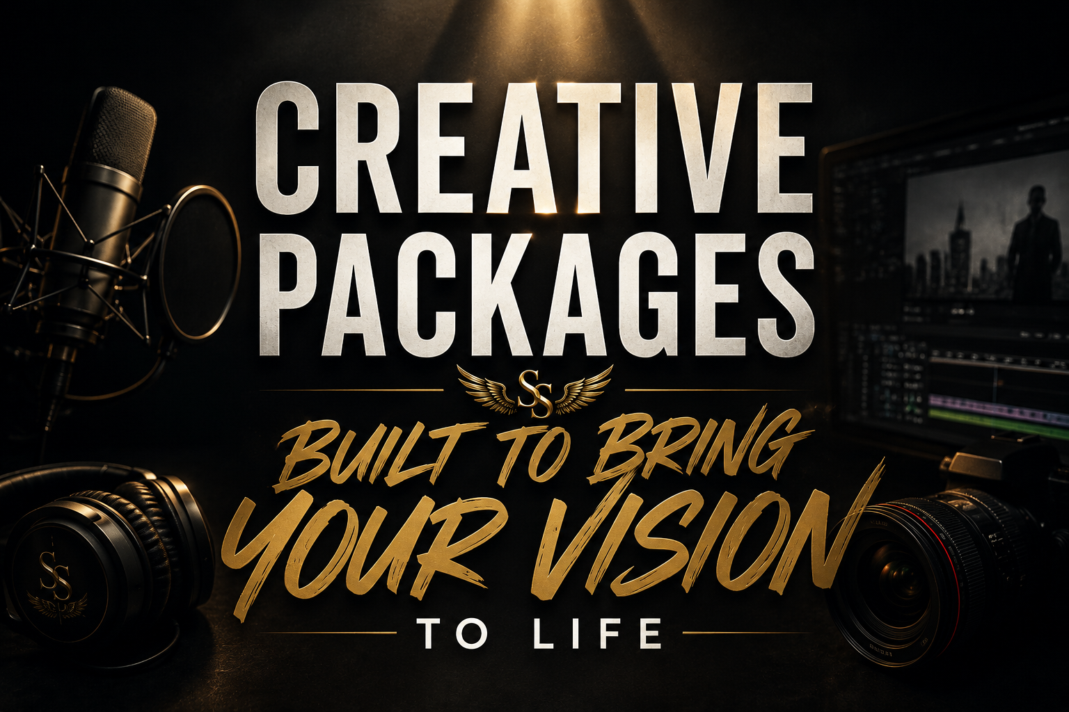Promotional image for creative packages with a studio microphone, headphones, camera, and a computer screen, featuring text that says 'Creative Packages Built to Bring Your Vision to Life.'