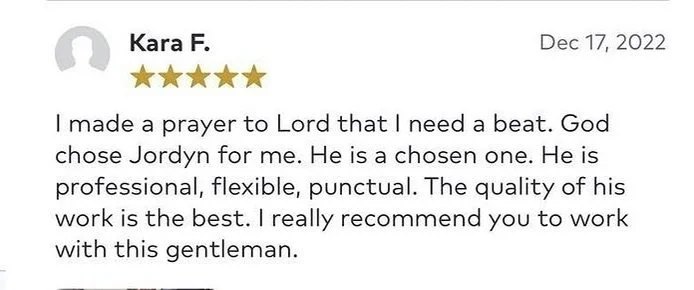 Online review by Kara F. dated December 17, 2022, giving five stars and recommending a professional named Jordyn for his work.