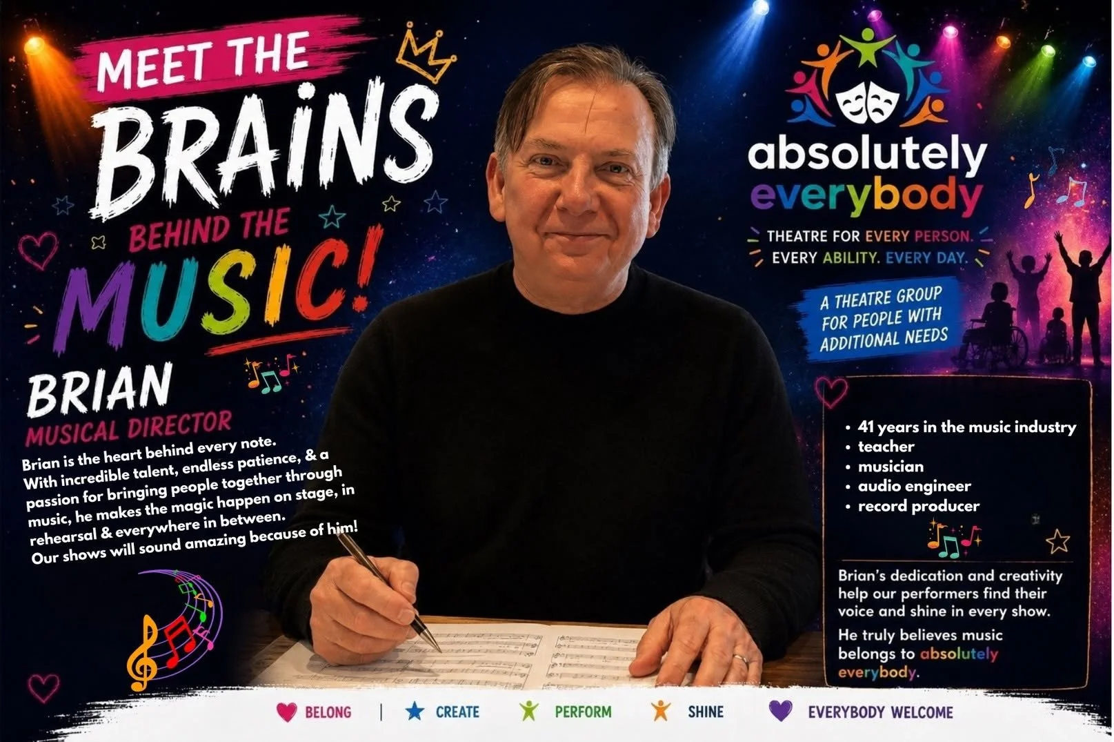 Poster titled 'Meet the Brains Behind the Music' featuring Brian, a musical director. The poster highlights his 41 years in the music industry, roles as teacher, musician, audio engineer, and record producer. It emphasizes inclusivity for people with additional needs, with colorful graphics, musical notes, and silhouettes of people, including a person in a wheelchair and children. The poster notes Brian's passion for music, dedication to performers, and belief that music belongs to everybody, with a rainbow-colored tagline 'Absolutely everybody.' The bottom border features symbols and words: 'belong,' 'create,' 'perform,' 'shine,' and 'everybody welcome.'