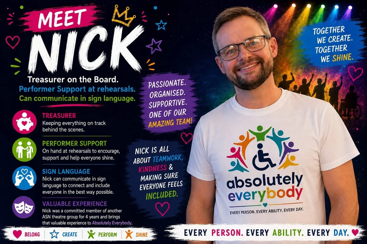 A colorful poster introducing Nick, a supporter of Absolutely Everybody. The poster features his photo, details about his role as Treasurer and performer support, and his skills in sign language. It emphasizes teamwork, kindness, inclusivity, and creating a positive environment with vibrant graphics, icons, and motivational quotes.