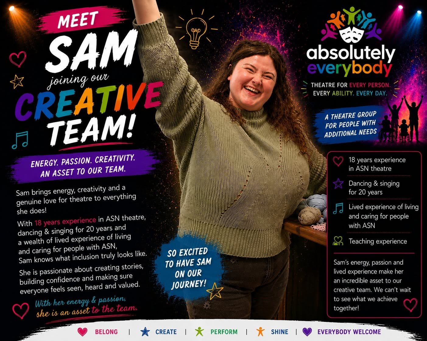 Promotional poster celebrating Sam joining a creative team for theater, highlighting her experience, enthusiasm, and dedication to inclusive theater for people with additional needs.