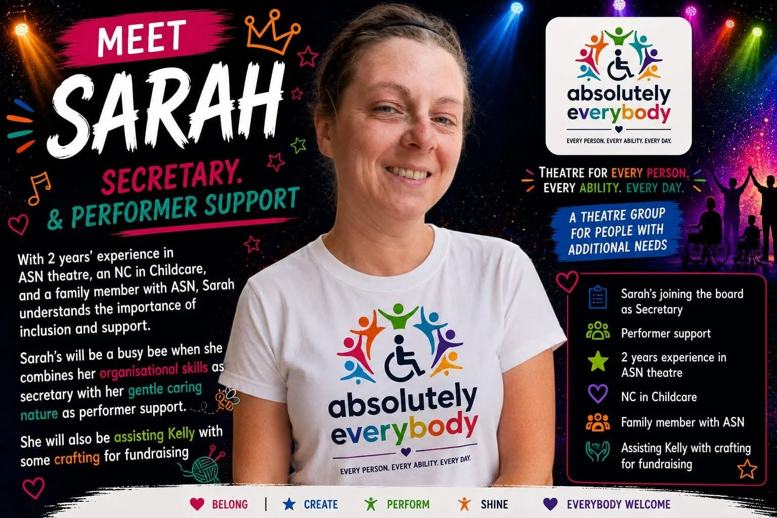 A promotional poster introducing Sarah, the new secretary and performer support for a theatre group for people with additional needs. The poster features Sarah smiling in a white t-shirt with the Everybody logo, colorful graphics, and information about her background and role.