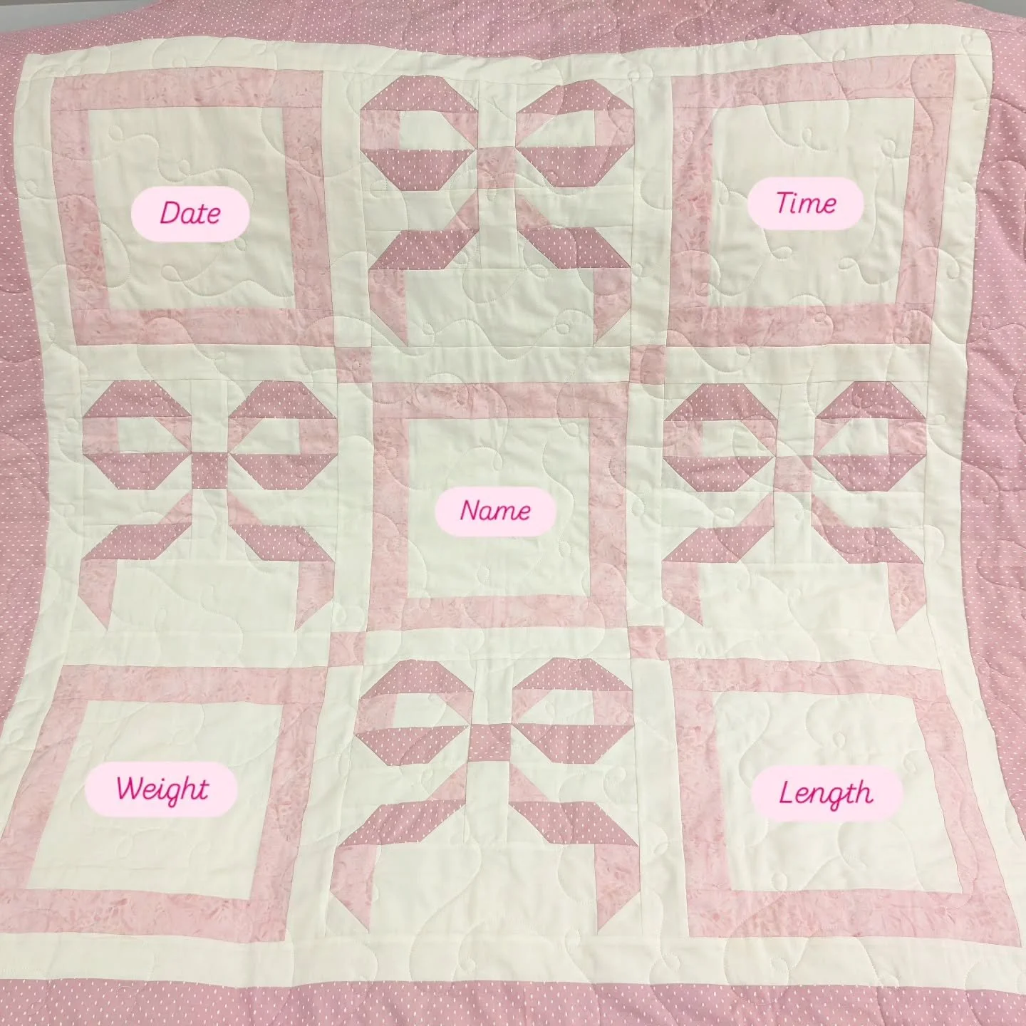 A sweet, dainty quilt for a baby girl all about bows 🎀

My client wanted a custom quilt for her fourth great grandchild, complete with embroidered details on the birth. I've covered the actual stats for privacy, but this one was a treat to make!

#b