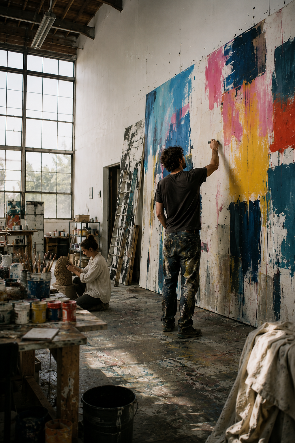 Two artists, a man and a woman, working on colorful abstract paintings in an art studio with large windows, paint supplies, and a ladder.