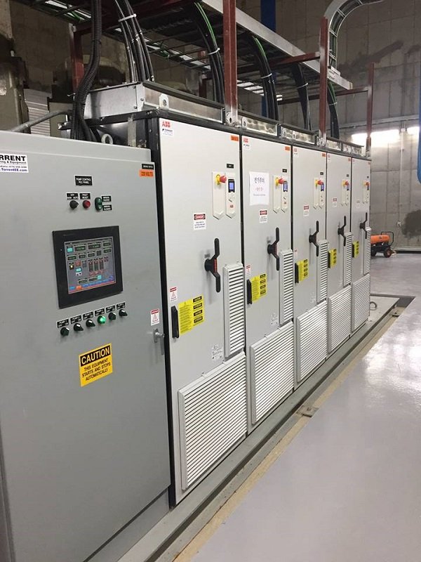 480V Industrial electrical switchgear and Variable Frequency Drives (VFD) with PLC control panel.