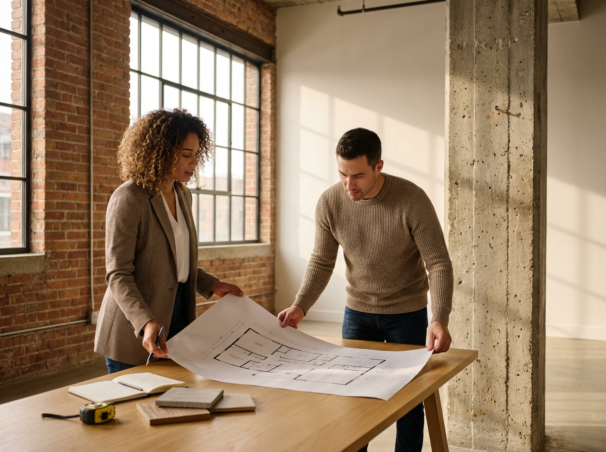 Two professionals, a woman and a man, examining and discussing a large architectural blueprint on a wooden table in an industrial-style office with large windows and exposed brick and concrete walls.