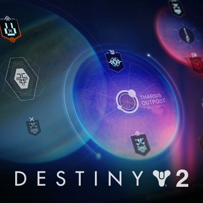 Screen from Destiny 2 video game showing various icons and symbols related to game features on a space-themed background.