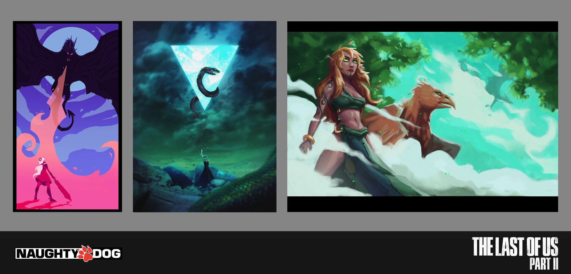 Three digital art images, first shows a woman with long hair and a sword facing a large dark dragon with wings and tail in a purple and pink sky, second shows a wizard summoning a glowing triangle with a serpent inside under a cloudy night sky, third shows a woman with long hair and tattoos riding a large bird with a second bird in a green landscape.