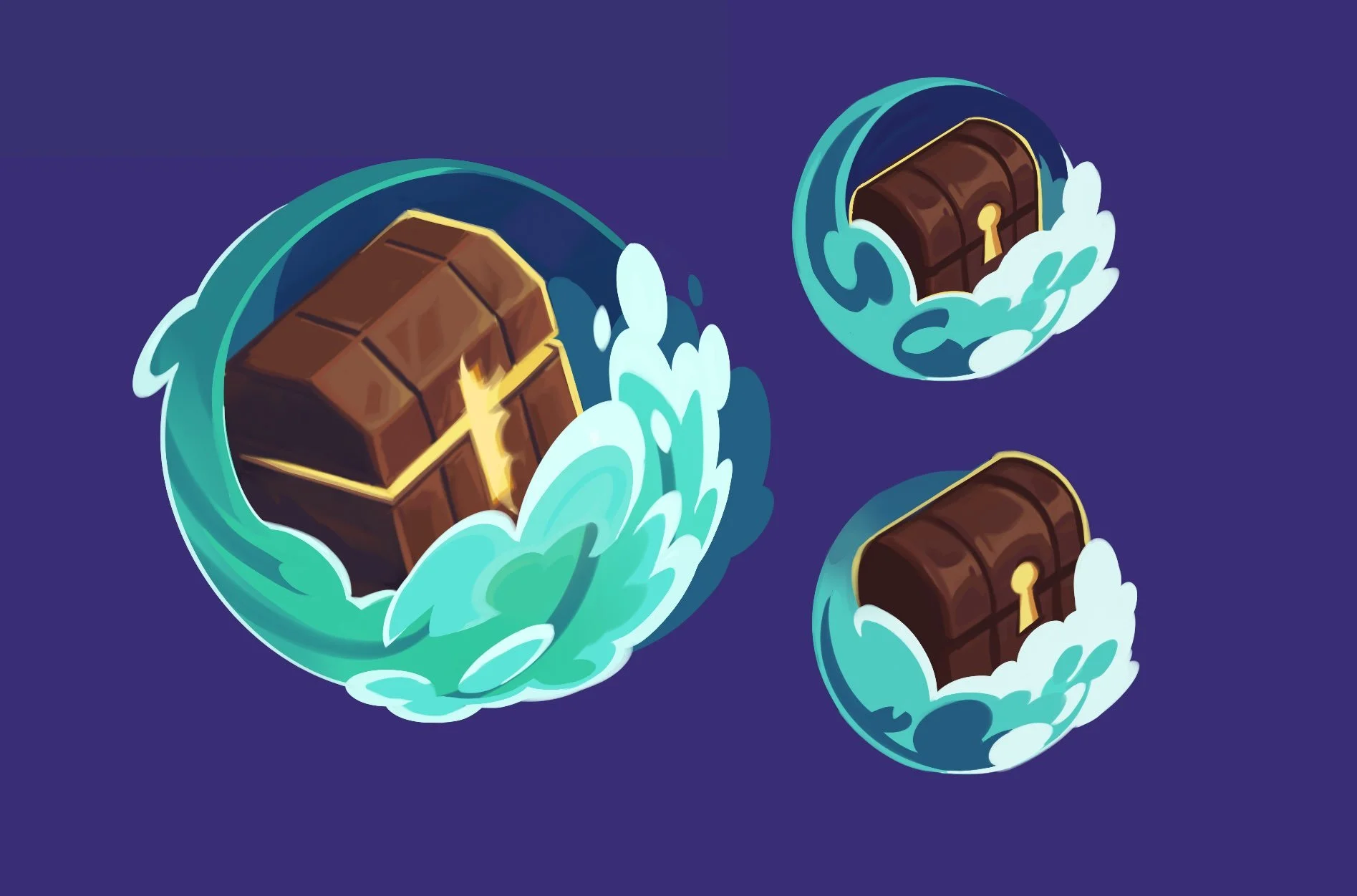 Three cartoon treasure chests surrounded by water and waves on a navy blue background.