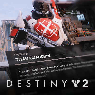 Close-up of a Titan Guardian from the video game Destiny 2, with a narrative text box below.