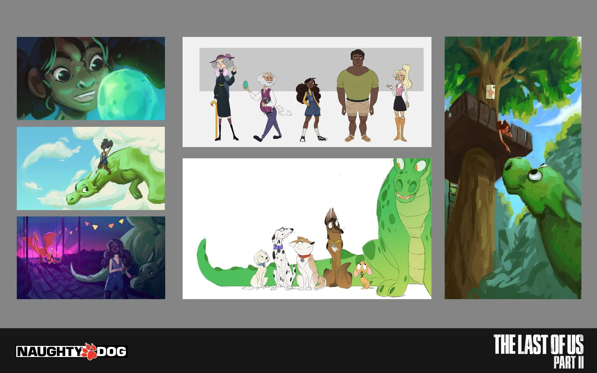 A collage of artwork and characters from art on the walls of the animation studio in 'The Last of Us Part II'