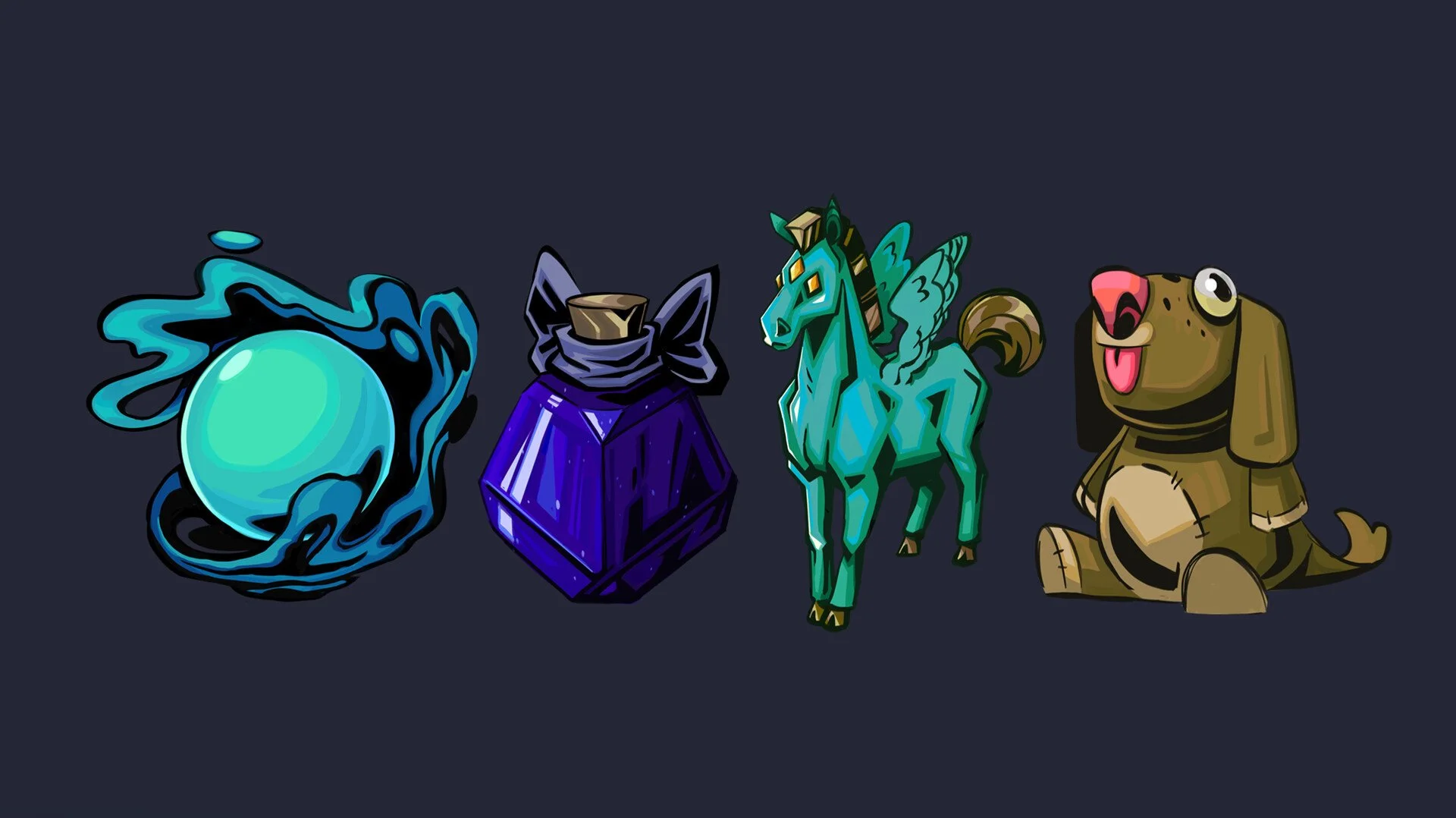 Digital illustration of four fantasy characters: a glowing blue orb surrounded by dark blue wisps, a purple faceted gemstone with a golden crown-like top, a glowing turquoise winged horse with a flowing mane, and a cartoon-style brown dog with a pink tongue sticking out.