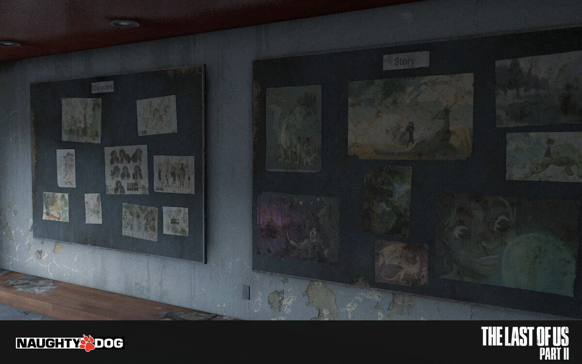 Photo of a wall with art displays and posters, including 'Characters' and 'Story' sections, and a 'Naughty Dog' logo at the bottom left and 'The Last of Us Part II' logo at the bottom right.