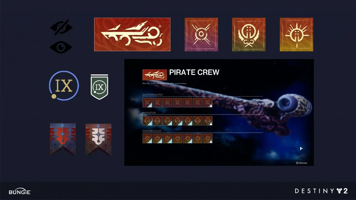 Video game screen showing the 'Pirate Crew' emblem and progress in Destiny 2, with icons and progress bars for Quartermaster, Navigator, and Swashbuckler roles, and various icons and banners.