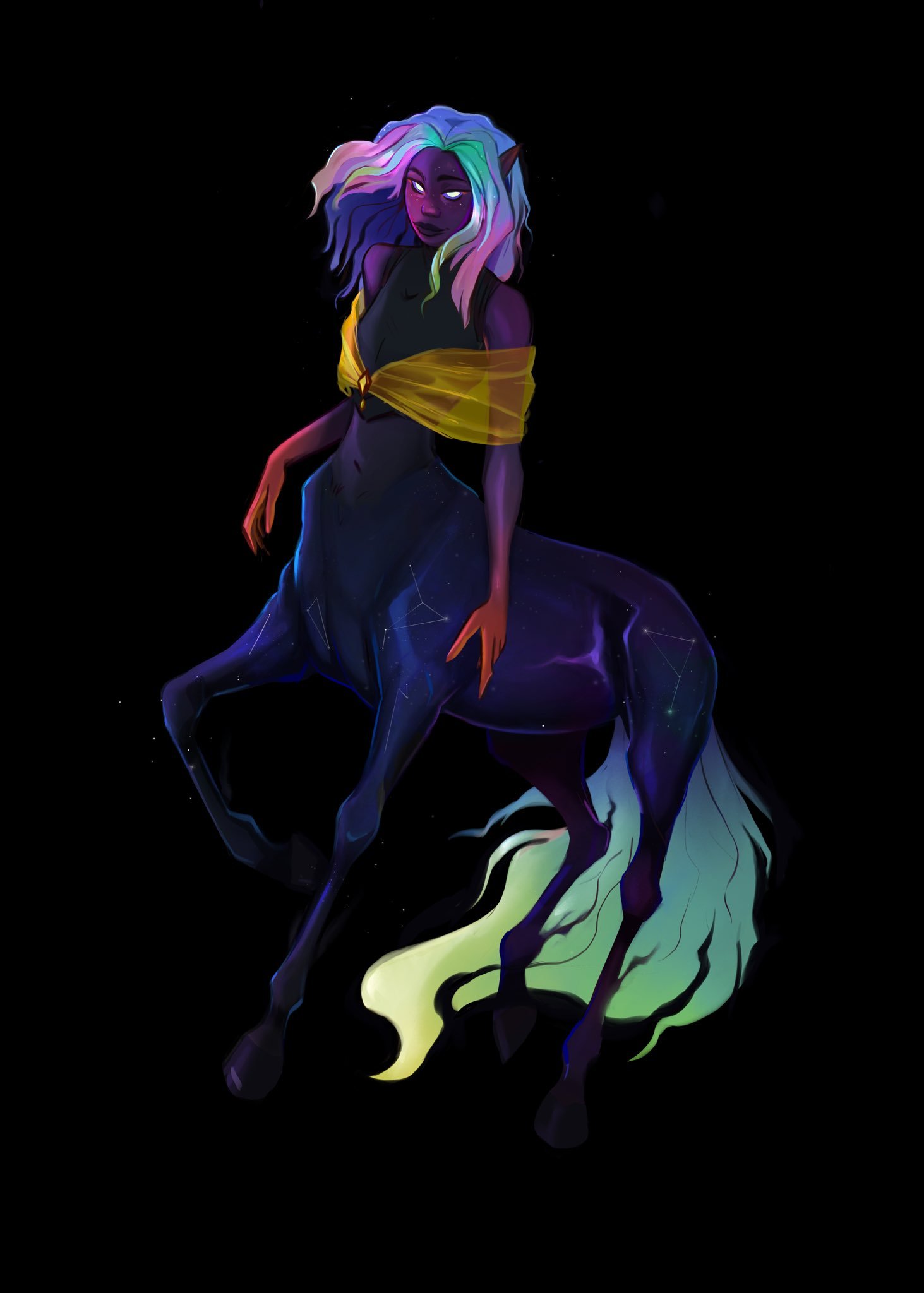 A digital illustration of a fantasy centaur with a dark purple skin tone, flowing multicolored hair, and glowing eyes. The centaur has a starry night sky pattern on its horse body with a flowing, glowing tail, set against a black background.