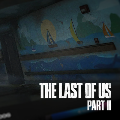Collection of work for the'The Last of Us Part II' with a painted mural of sailboats on the water in a children's hostpital