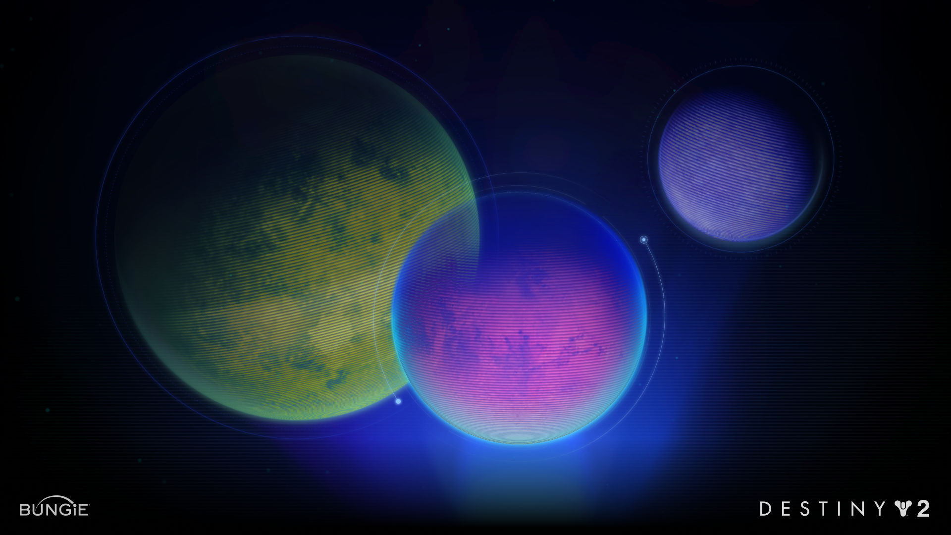 Digital illustration of three glowing orbs representing planets against a dark space background, with the logos of Bungie and Destiny 2 in the bottom corners.
