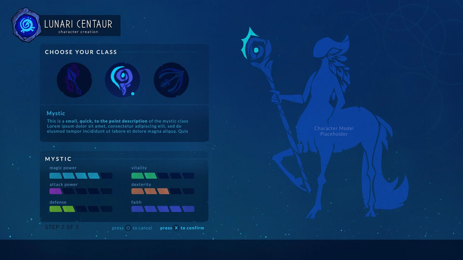 A video game character creation screen for a game titled "Lunari Centaur." The screen shows three classes to choose from, with a focus on the "Mystic" class, highlighted in blue. A silhouette of a centaur character holding a staff is visible on the right side. The interface includes stats like magic power, attack power, defense, vitality, dexterity, and faith, with color-coded bars for each. Instructions at the bottom indicate this is step 2 of 3 in the setup process, with options to press buttons to cancel or confirm.