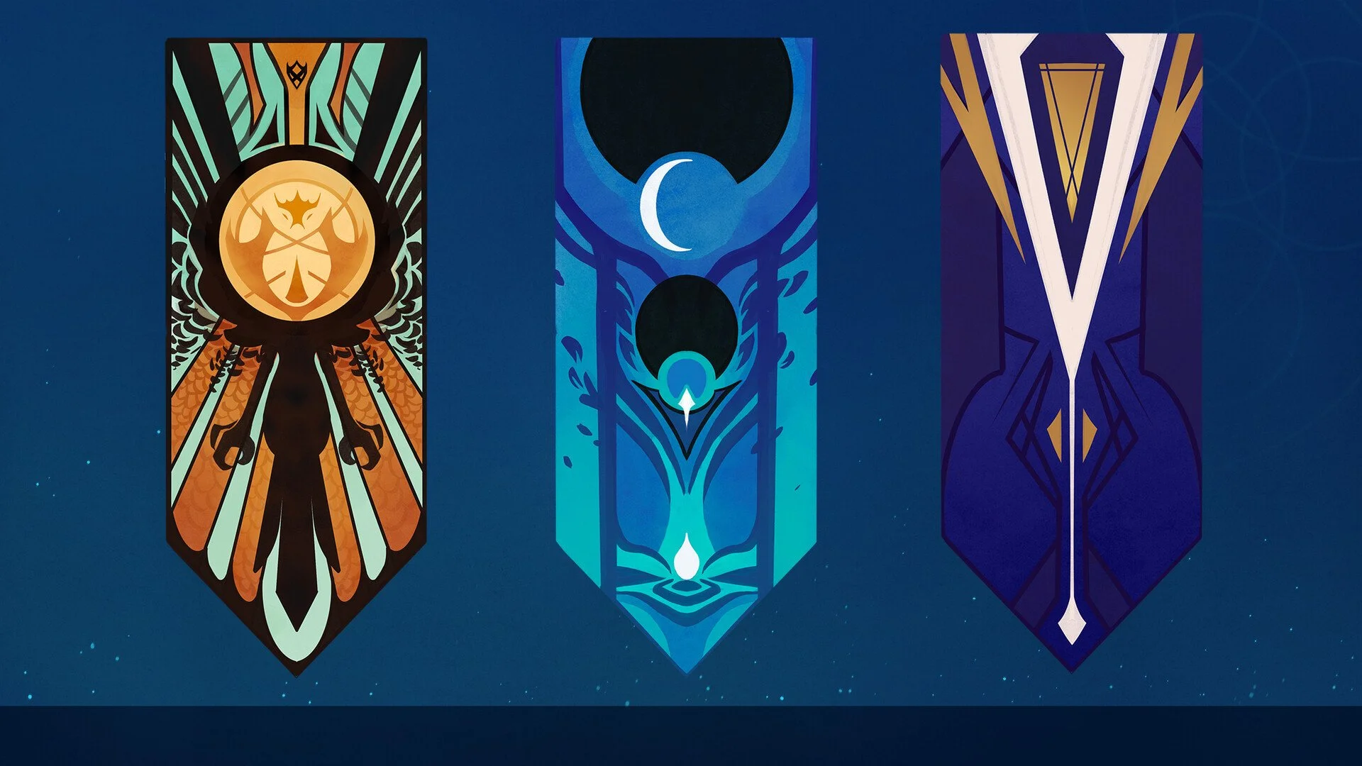 Three vertical banners with abstract, symmetrical designs in orange, blue, and navy colors, each featuring a central figure or symbol, against a dark blue background with small scattered light spots.