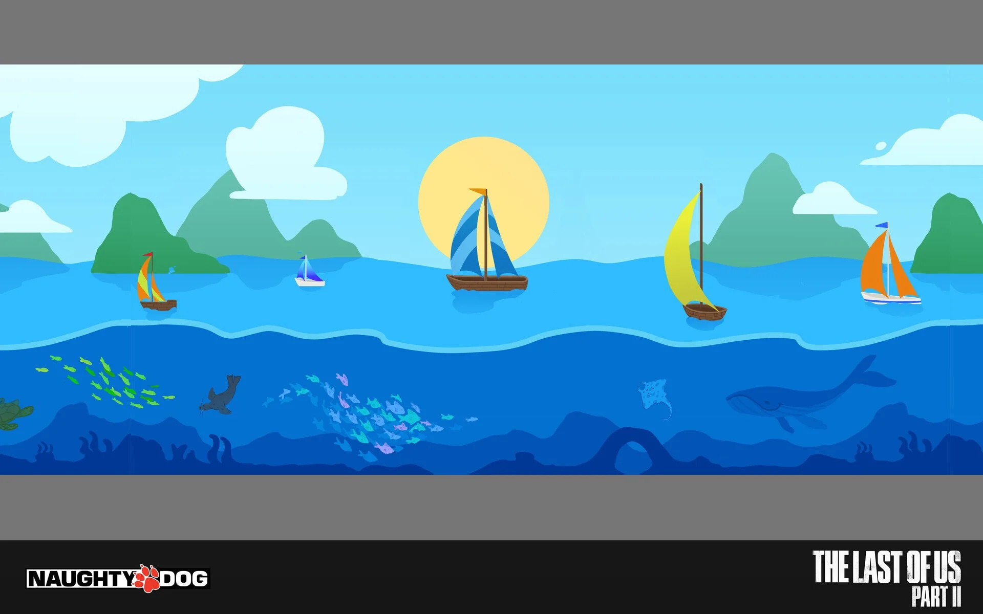 Digital illustration of an ocean scene with sailboats, a green island, clouds, and underwater sea creatures including fish, a stingray, and a whale.