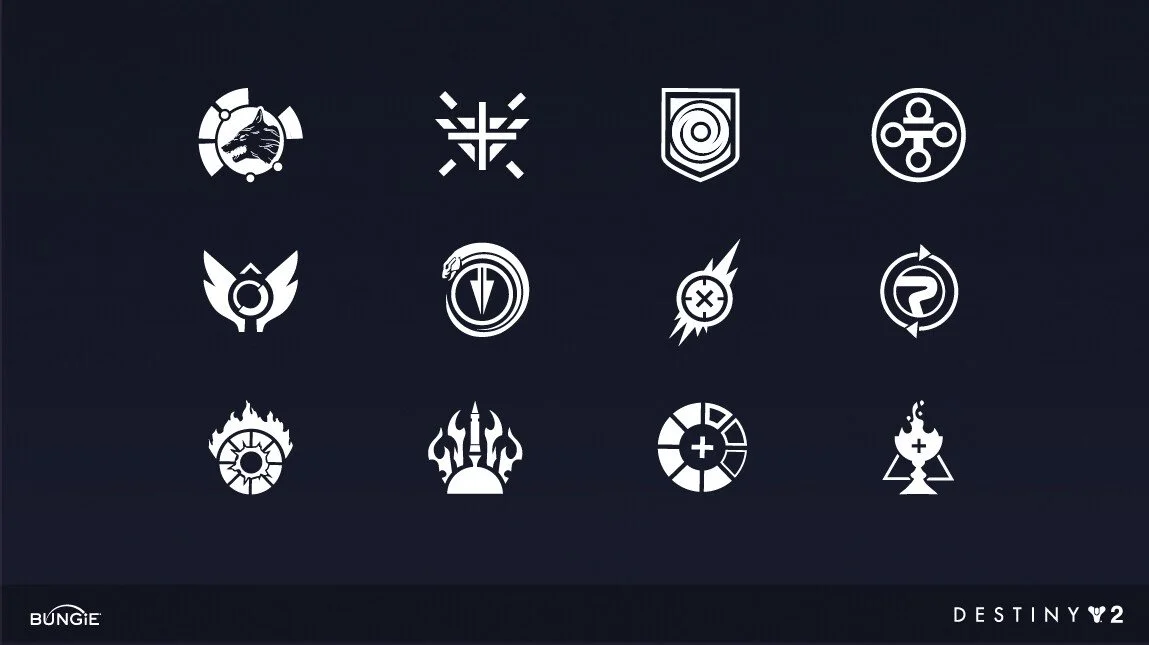Collection of twelve white icons representing various symbols and logos on a dark background, with 'BUNGIE' and 'DESTINY 2' logos in the bottom corners.