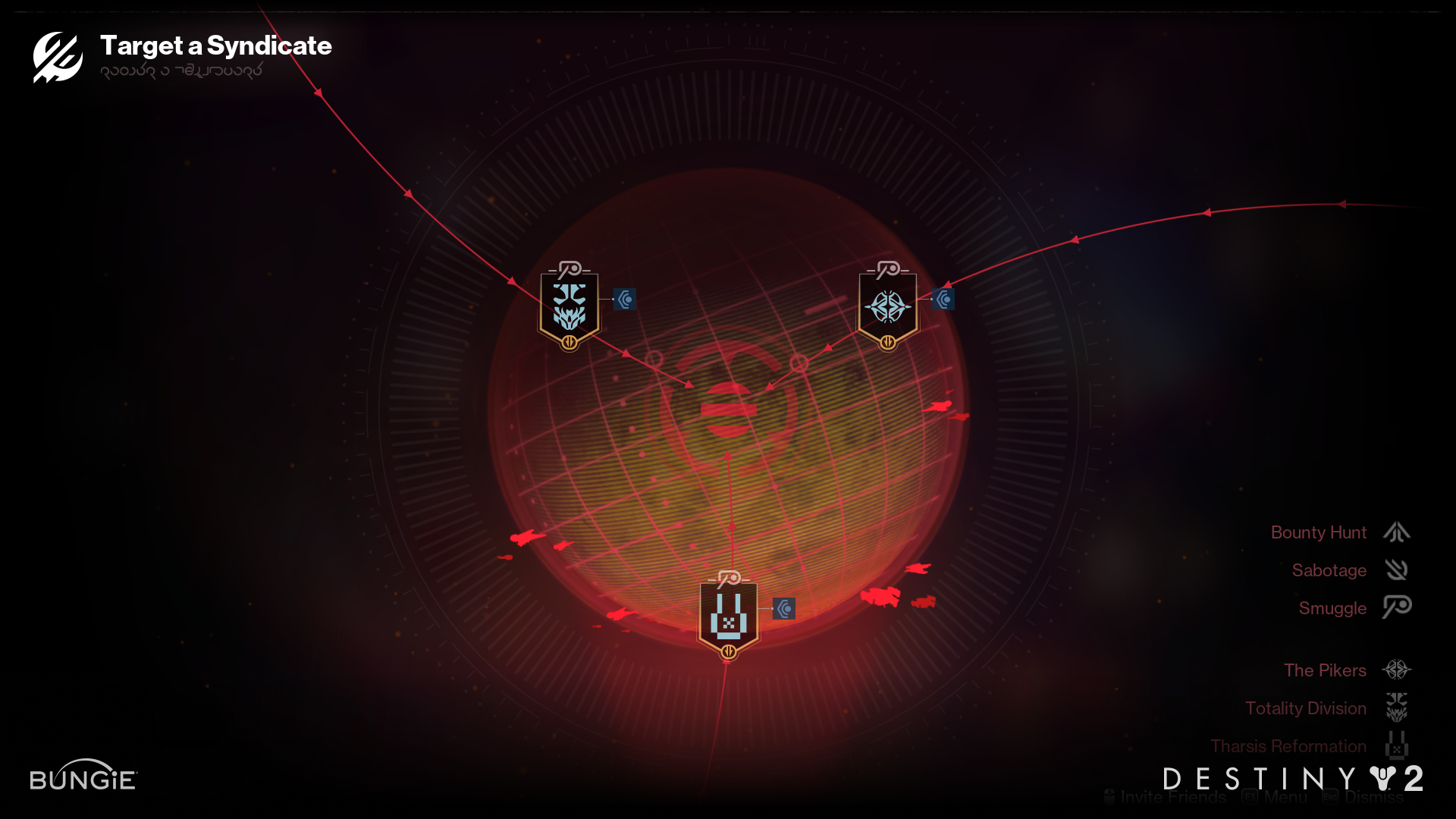 Video game interface screen showing a target selection menu with options for Bounty Hunt, Sabotage, Smuggle, The Pikers, Totality Division, Tharsis Reformation, and Destiny 2, with a cosmic background and a red planet.