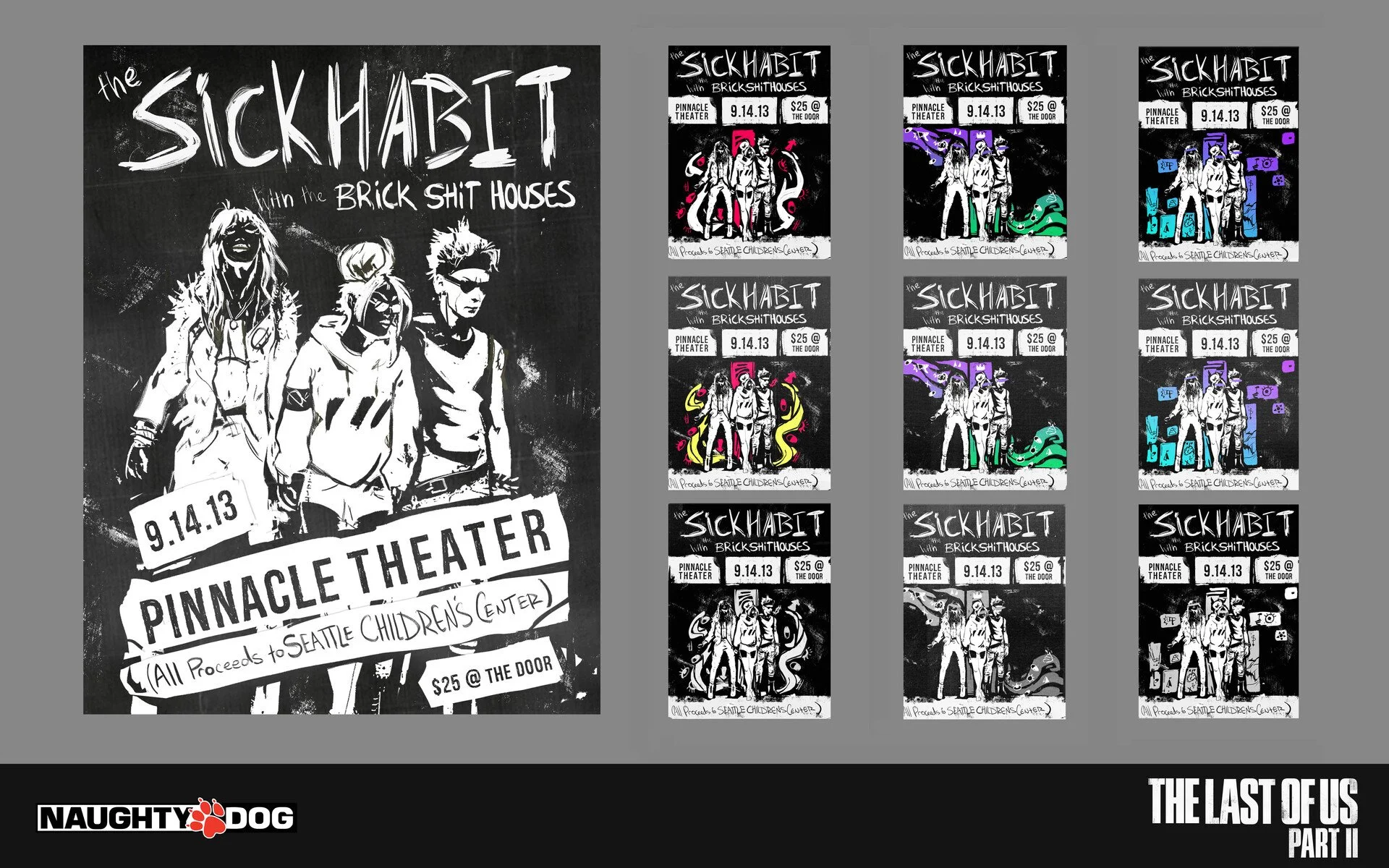 A collage of promotional posters for the punk rock band The Sick Habits, featuring images of band members and event details for a concert at Pinnacle Theater on September 14, 2013, with proceeds going to Seattle Children's Center. The left side displays a large, monochrome poster with the band name and members, while the right side shows smaller, colorized versions of the same poster. The bottom left corner has the Naughty Dog logo, and the bottom right reads "The Last of Us Part II."