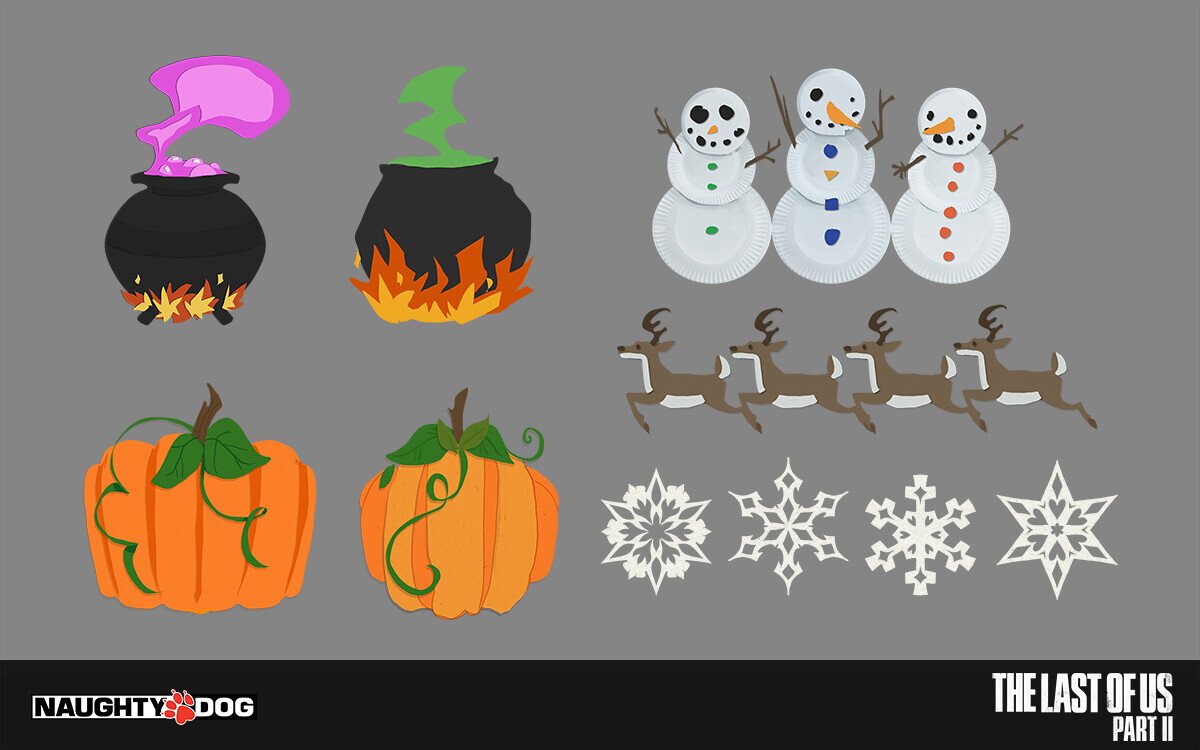 Illustration of Halloween-themed items, including cauldrons with bubbling potion, snowmen, reindeer, pumpkins, and snowflakes, with the game's logo and title at the bottom.