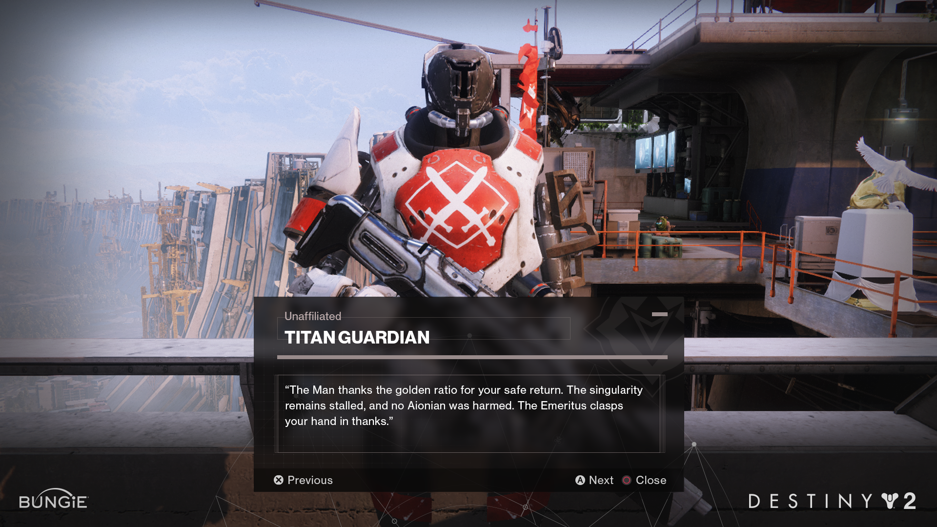 A video game scene from Destiny 2 showing a Titan Guardian in futuristic armor standing on a platform with industrial construction in the background. The game interface displays the guardian's title and a dialogue box at the bottom.