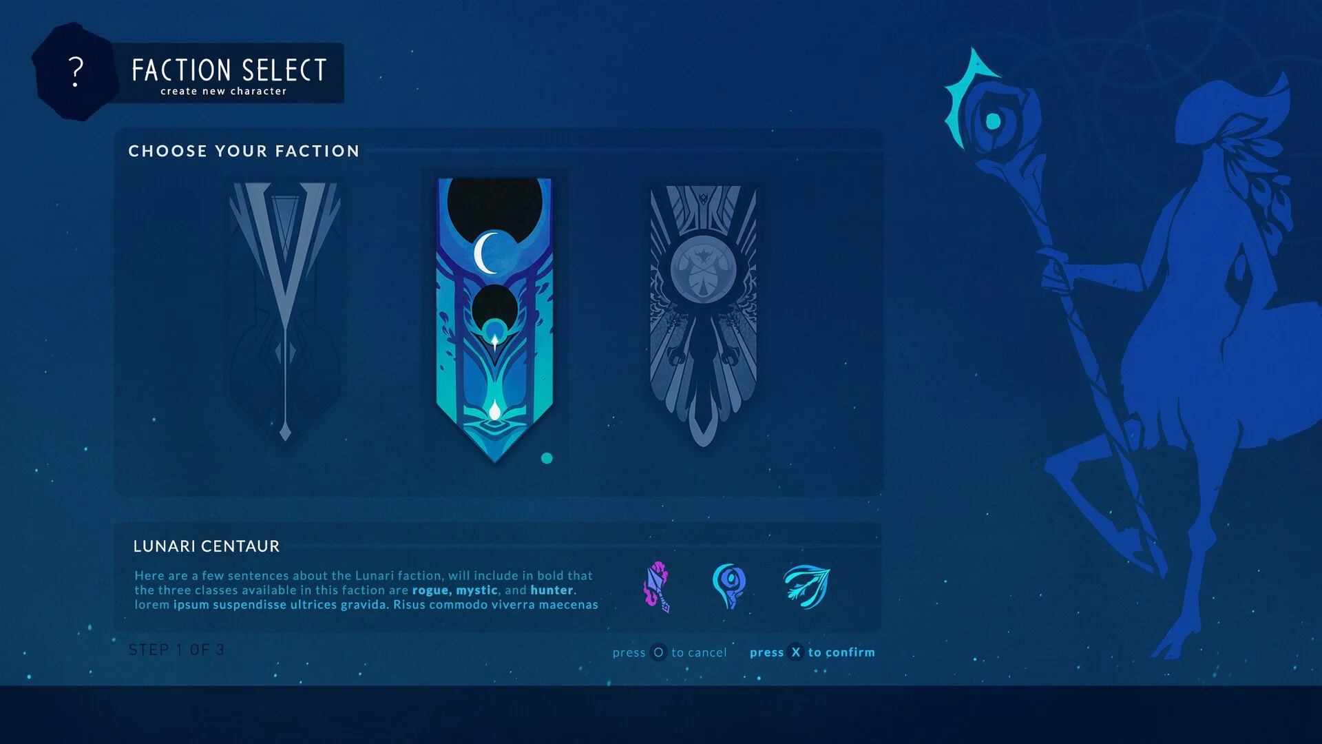 Video game character selection screen with three faction banners titled 'Faction Select' for creating a new character. The banners represent different factions: rogue, mystic, and hunter. Instructions for selecting a faction are provided, with options to press circle to cancel and X to confirm.