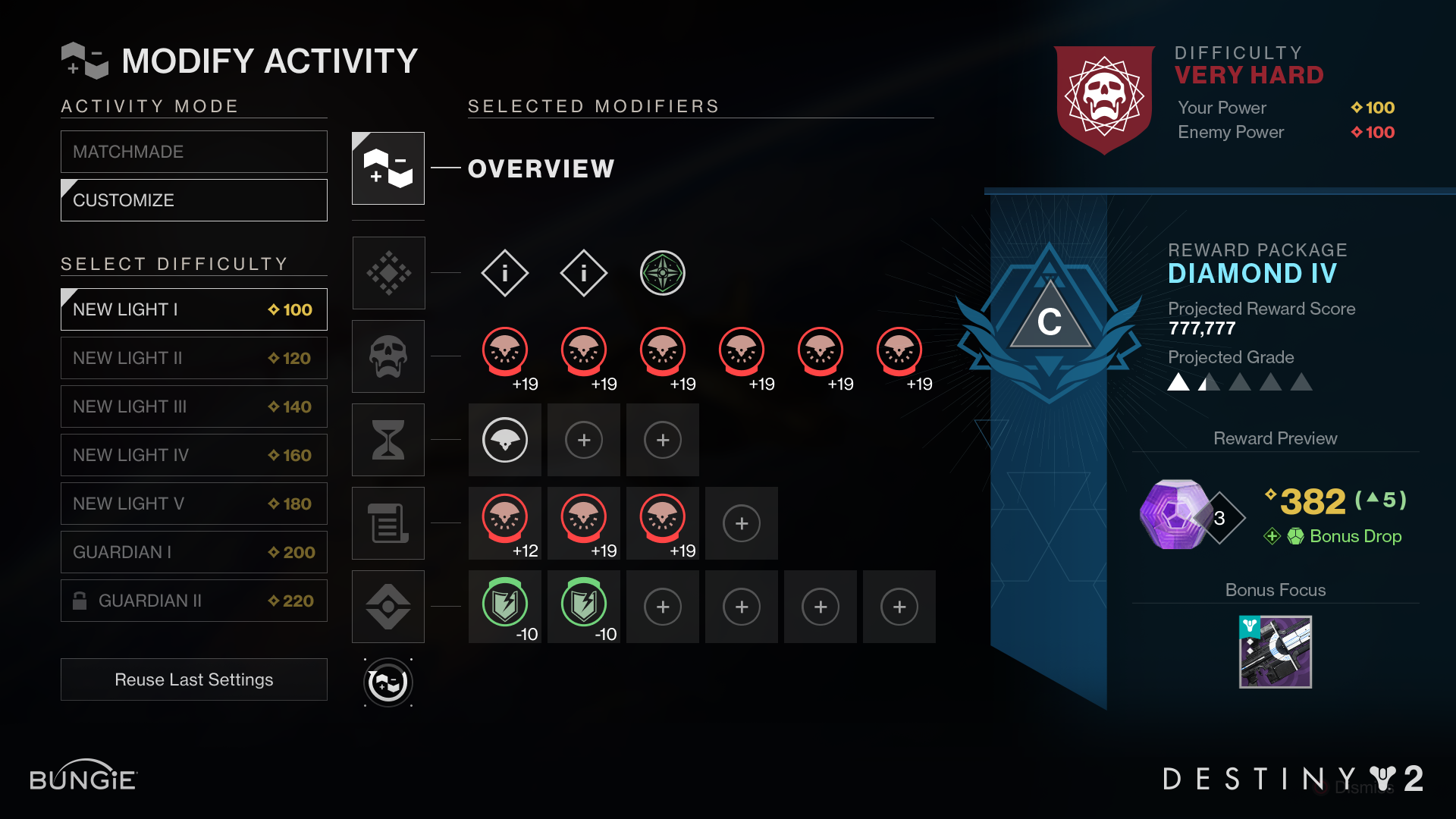 Screenshot of a video game interface for modifying activity, showing activity modes, difficulty settings, and selected modifiers, with a player reward overview on the right side.