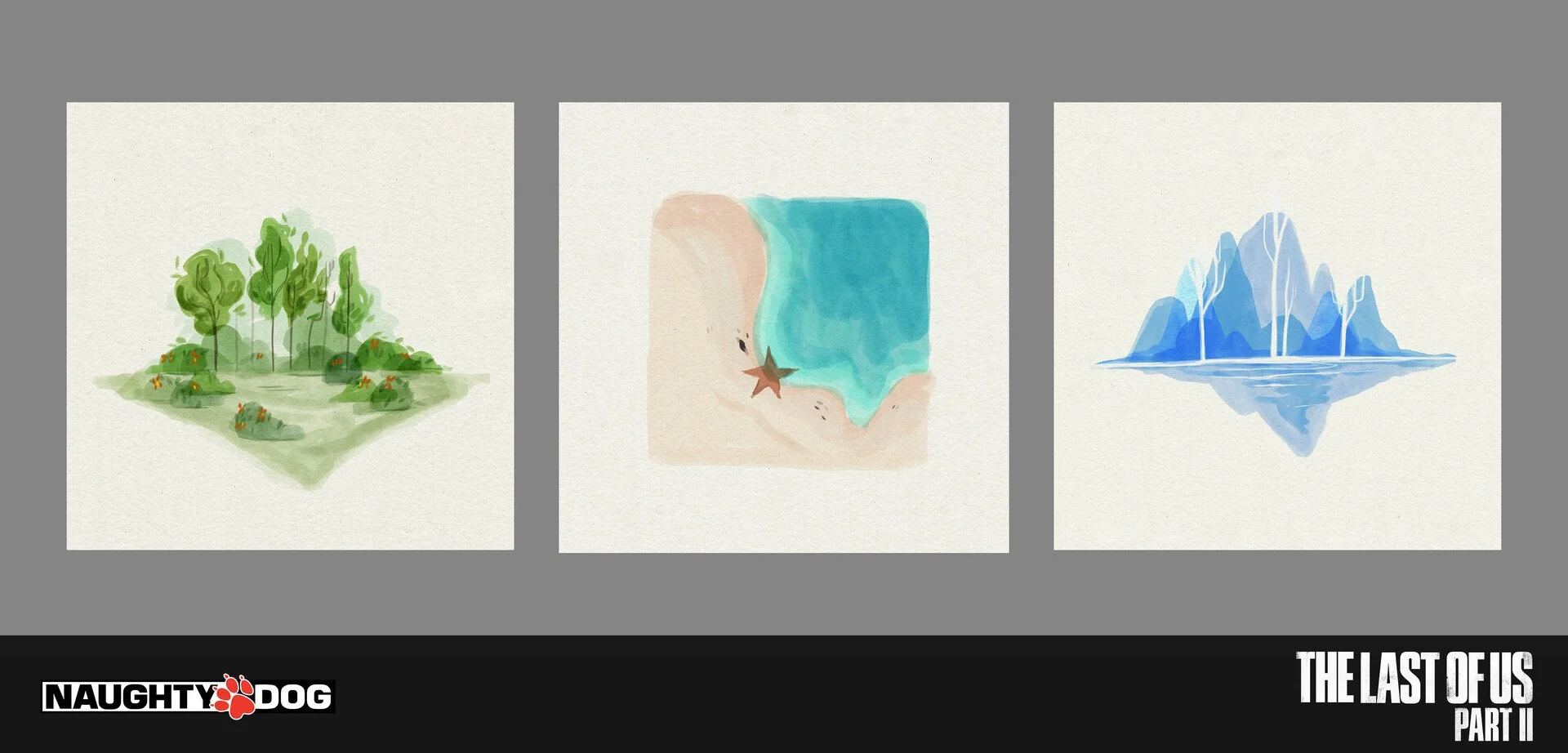 Three watercolor illustrations: a garden with green trees and small orange flowers, a sandy beach with a starfish and turquoise water, and a mountainous landscape with icy peaks reflected in water.