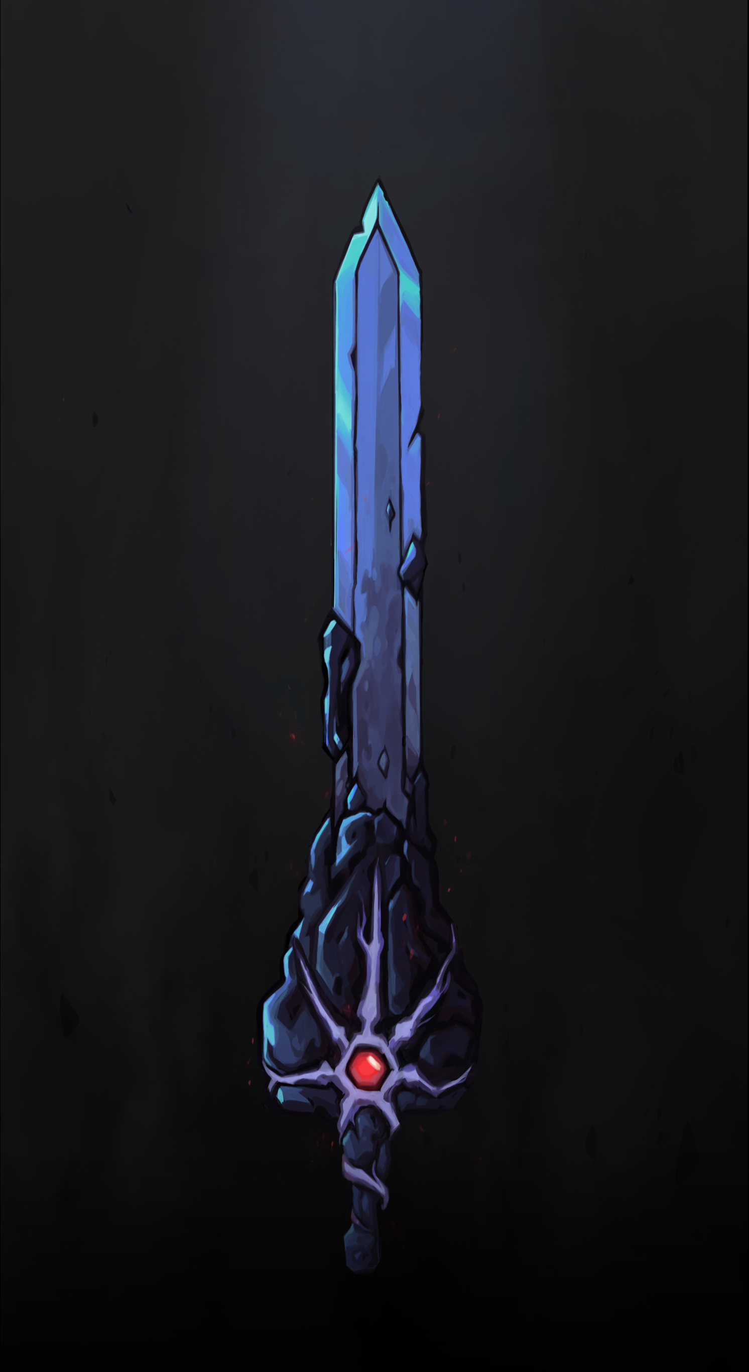 Digital illustration of a dark, magical sword with a purple and blue blade and a glowing red gemstone at the hilt, set against a black background.