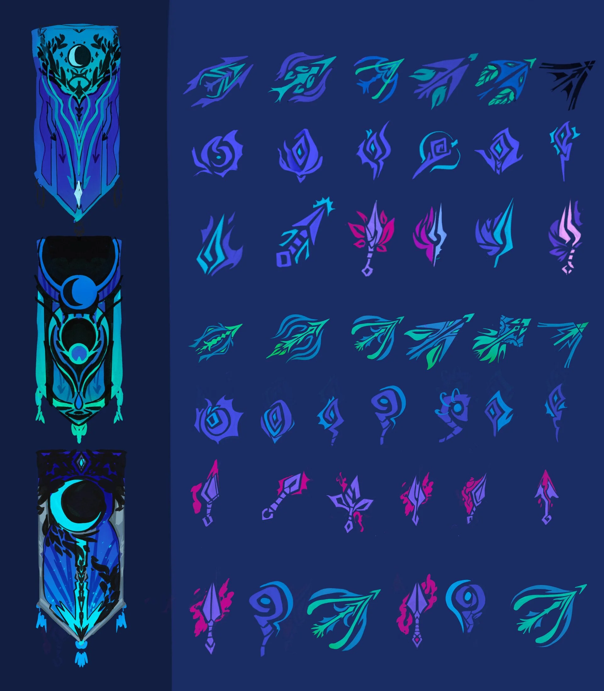 Collection of colorful, fantasy-themed glyphs and symbols, featuring leaves, arrows, and abstract shapes, arranged on a dark background for a video game or digital art context.