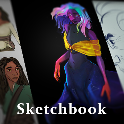 Cover of a sketchbook featuring a colorful animated character with purple skin, multicolored hair, and flowing dress.