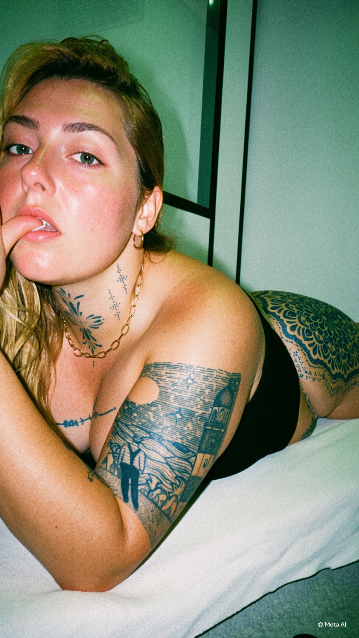 Une femme avec des tatouages noirs et bleus, portant un collier en chaîne, posant sur un lit. Elle a des cheveux longs, une peau claire, et regarde l'objectif.