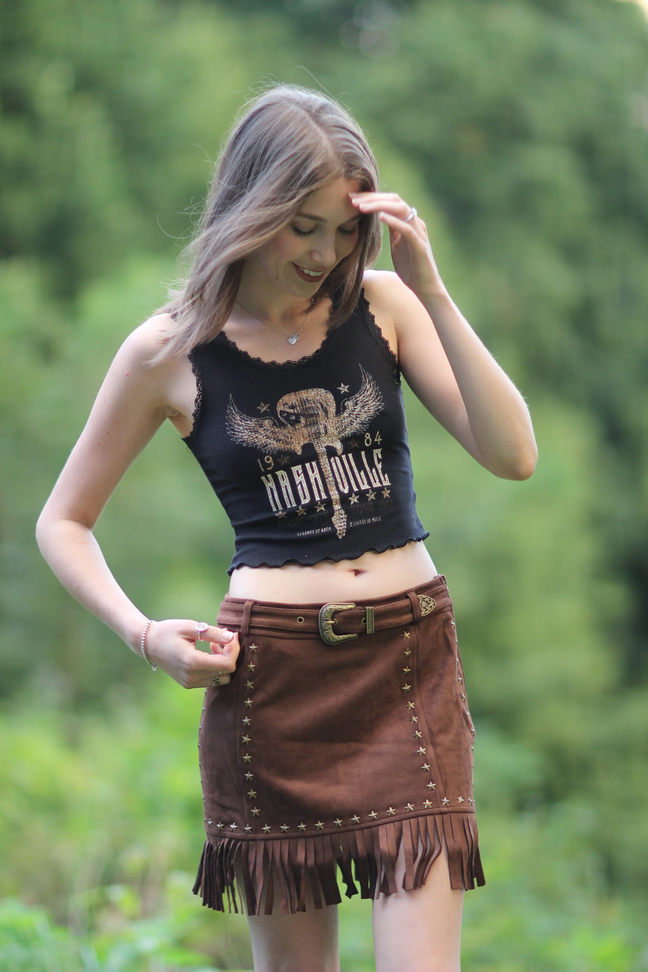 Close-up detail of the vegan suede texture on the Nashville Nights Fringe Skirt