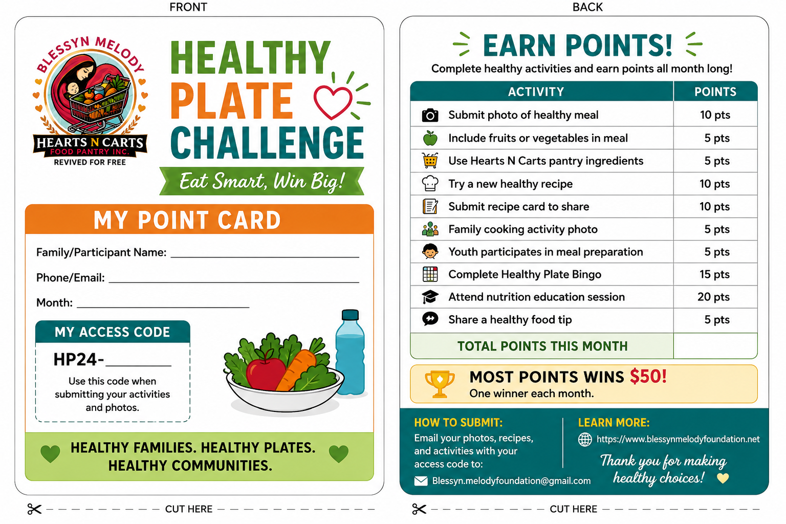 A flyer for the Blessyn Melody Meloddy Foundation's Healthy Plate Challenge, featuring a cartoon woman with a shopping cart, a bowl of vegetables, and a water bottle. The flyer includes a part for personal information and an activity list with points for completing healthy activities, promoting healthy families and communities.