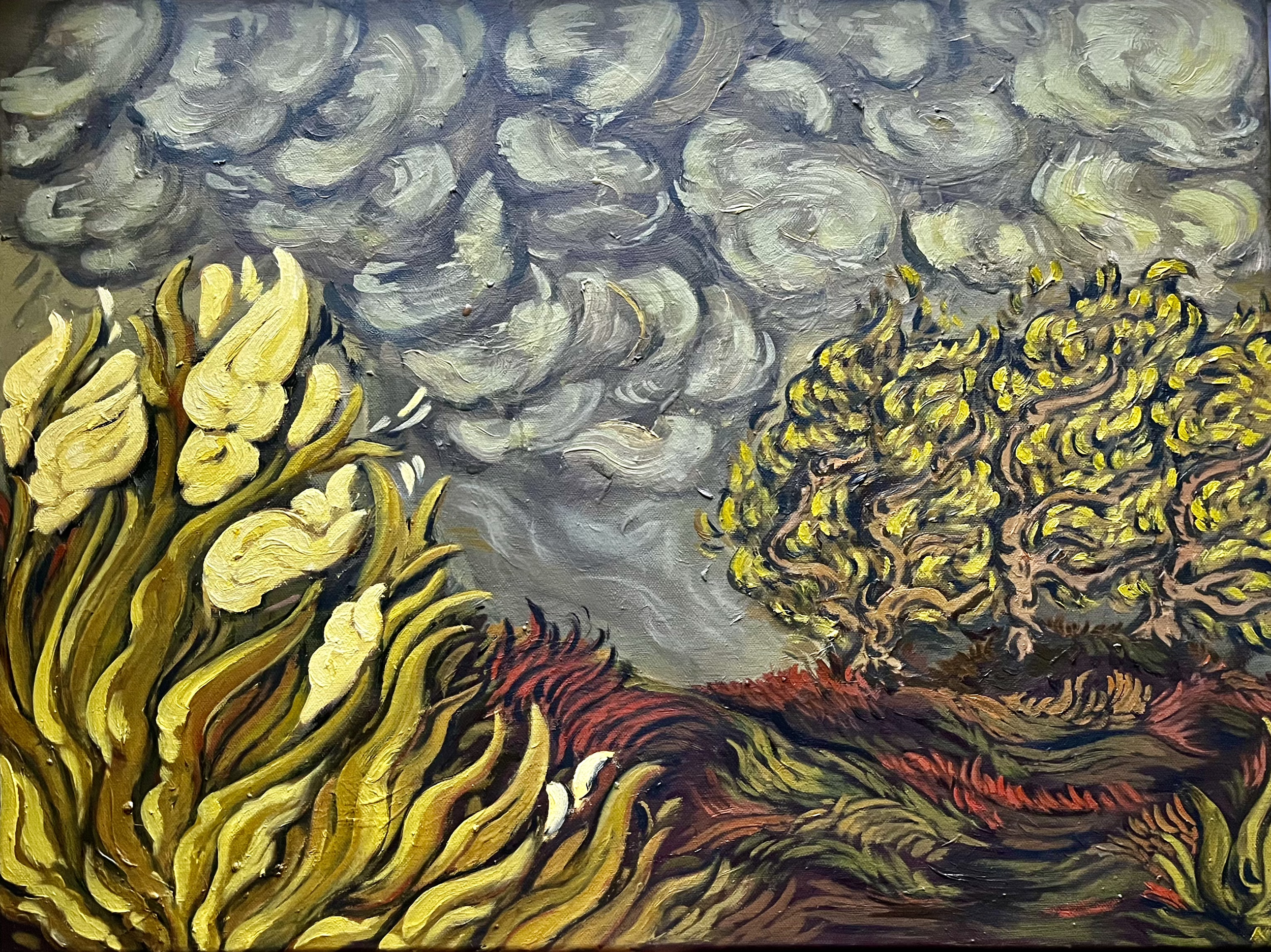 A painting depicting a swirling storm cloud over yellow and red trees with a dark background, inspired by Vincent van Gogh's style.