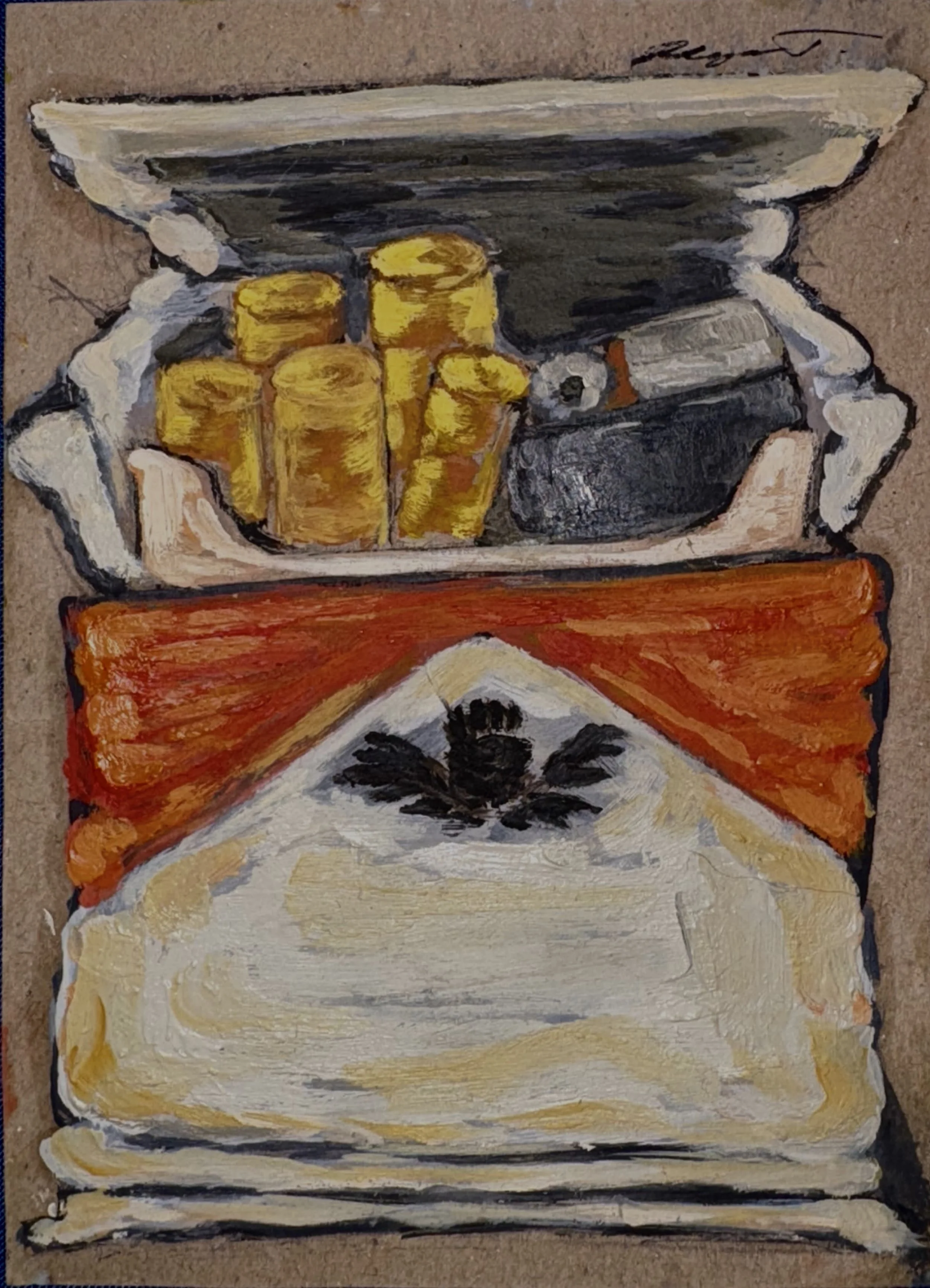 "Cigarette Study (All Packed Up)" 
Oil on cardboard