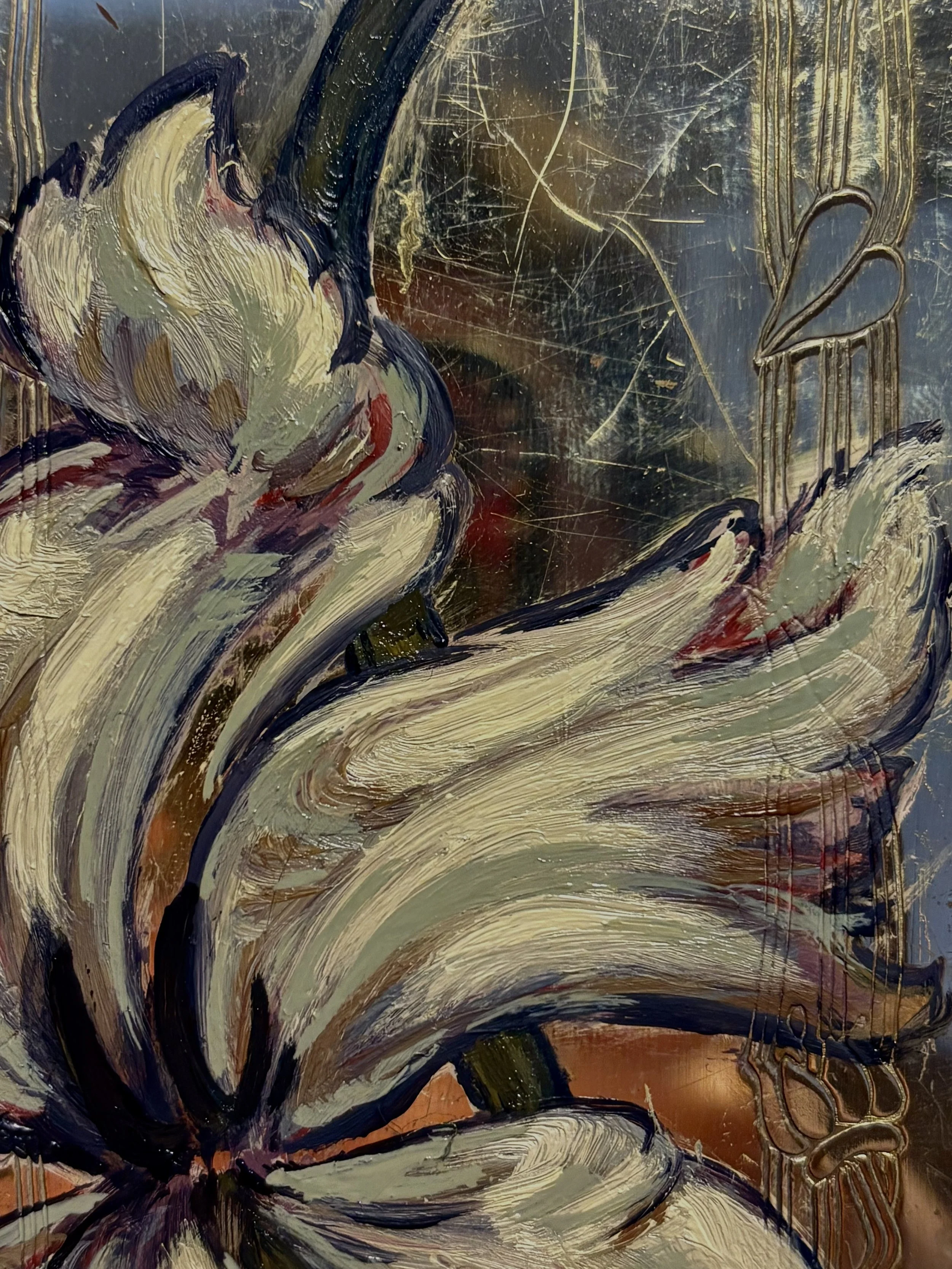 Abstract painting with dark and light swirling brushstrokes, featuring some areas with gold accents and scratch marks.