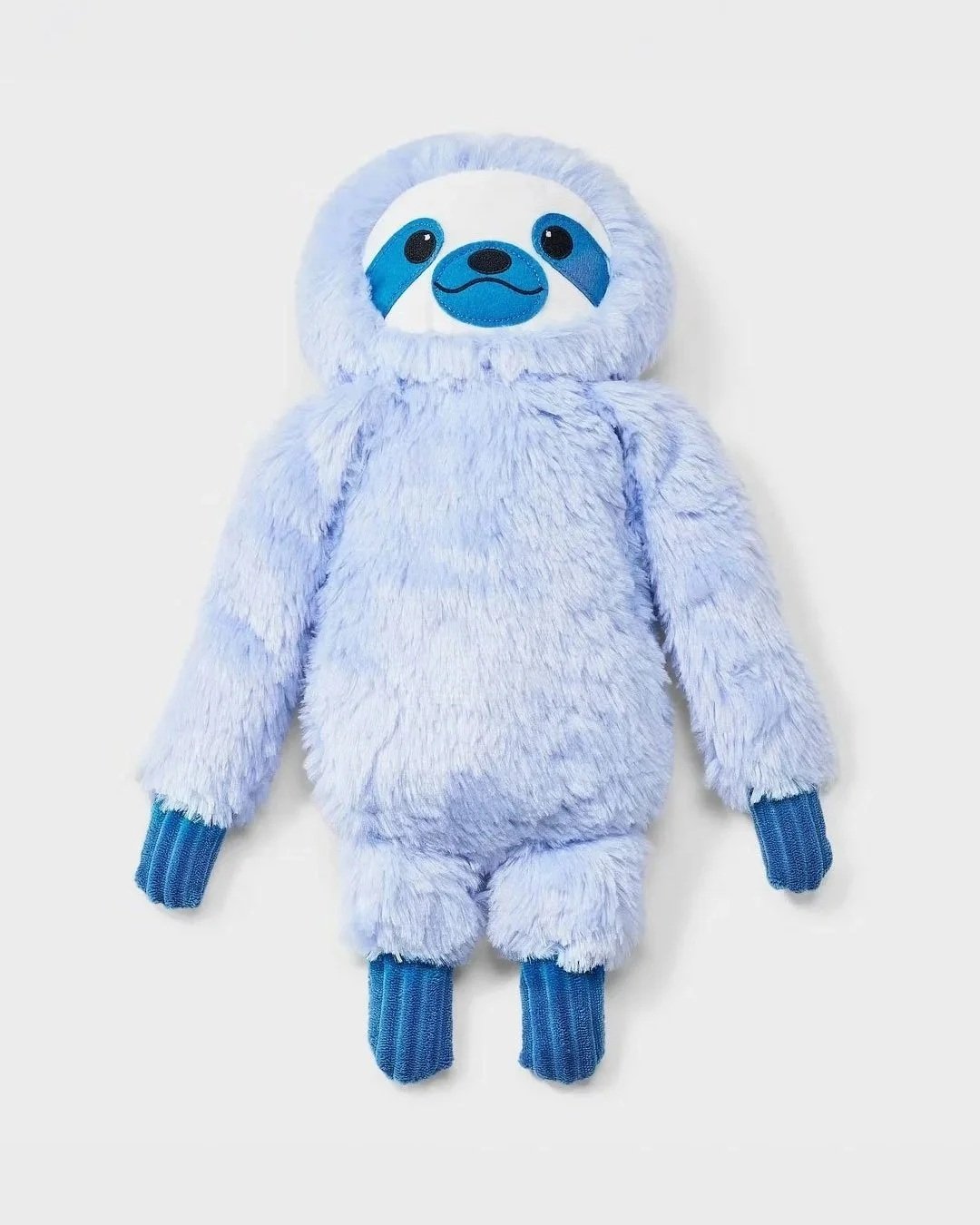 Blue furry sloth plush toy with a sloth face on its hood, lying on a white background.