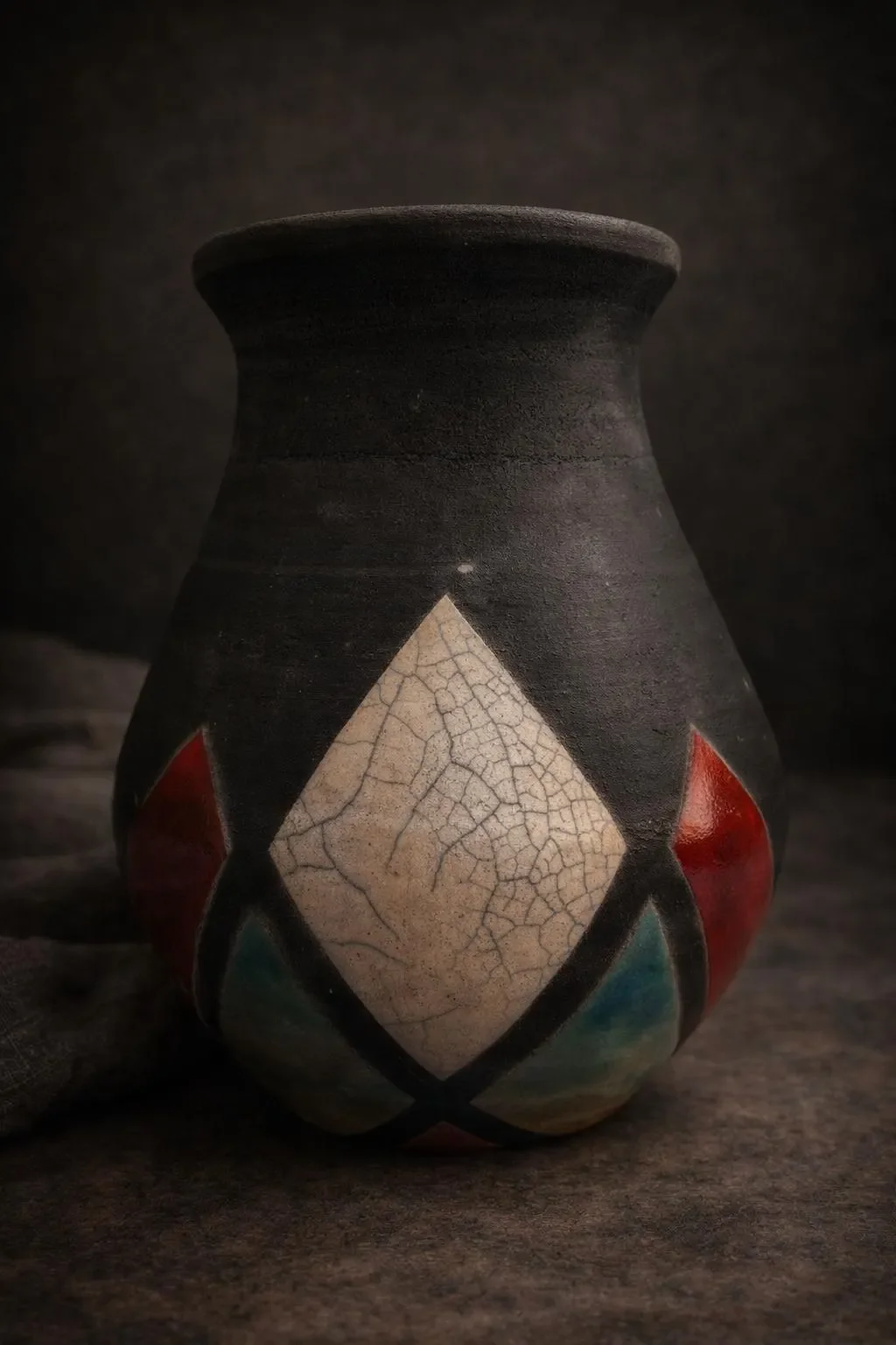 11-Inch Handmade Raku Fired Ceramic Vase | Geometric Artisan Pottery | One-of-a-Kind Modern Ceramic Home Décor