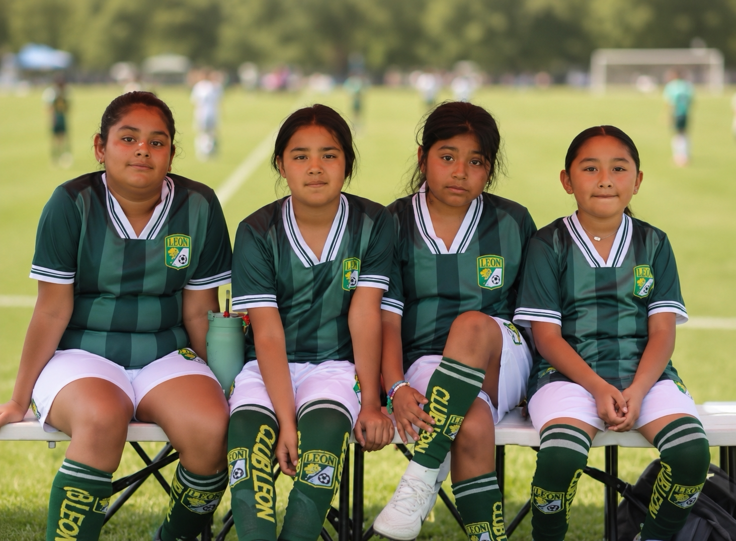 Cuatro niñas con uniformes verdes de Club León Houston están sentadas en una banca al costado de un campo de fútbol. Detrás de ellas se aprecia un campo de juego con jugadores y porterías desenfocados, creando un fondo suave que destaca al equipo.